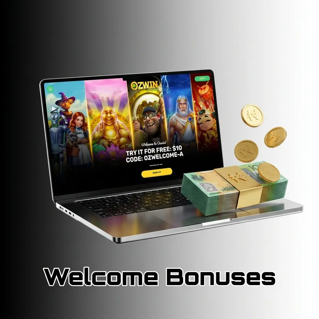 Ozwin welcome bonuses table showing casino, sportsbook and live dealer deposit match offers and wagering terms.